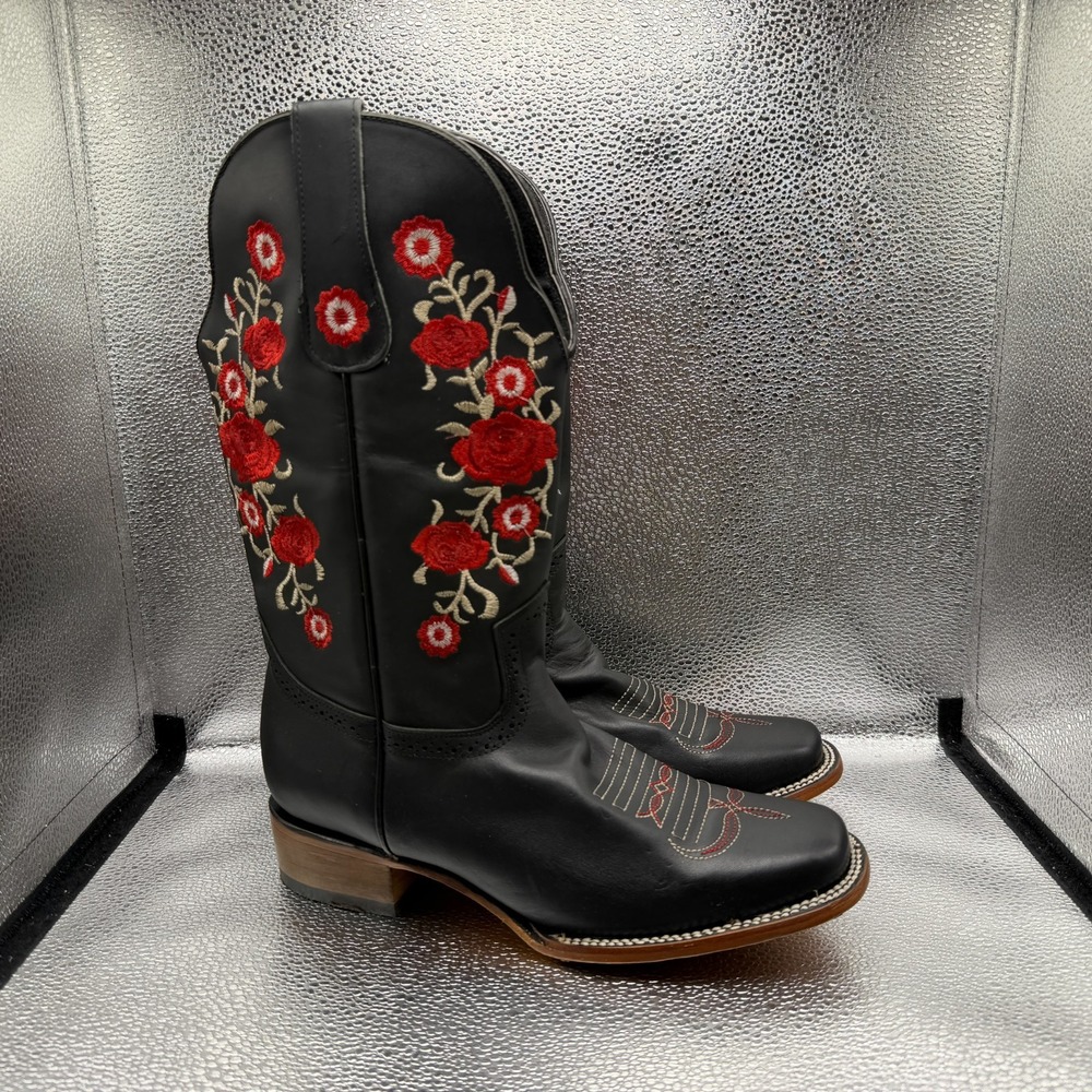 Size 10 Joe Boot Western Red Roses Black Womens Rodeo Square Toe Cowgirl Boots
